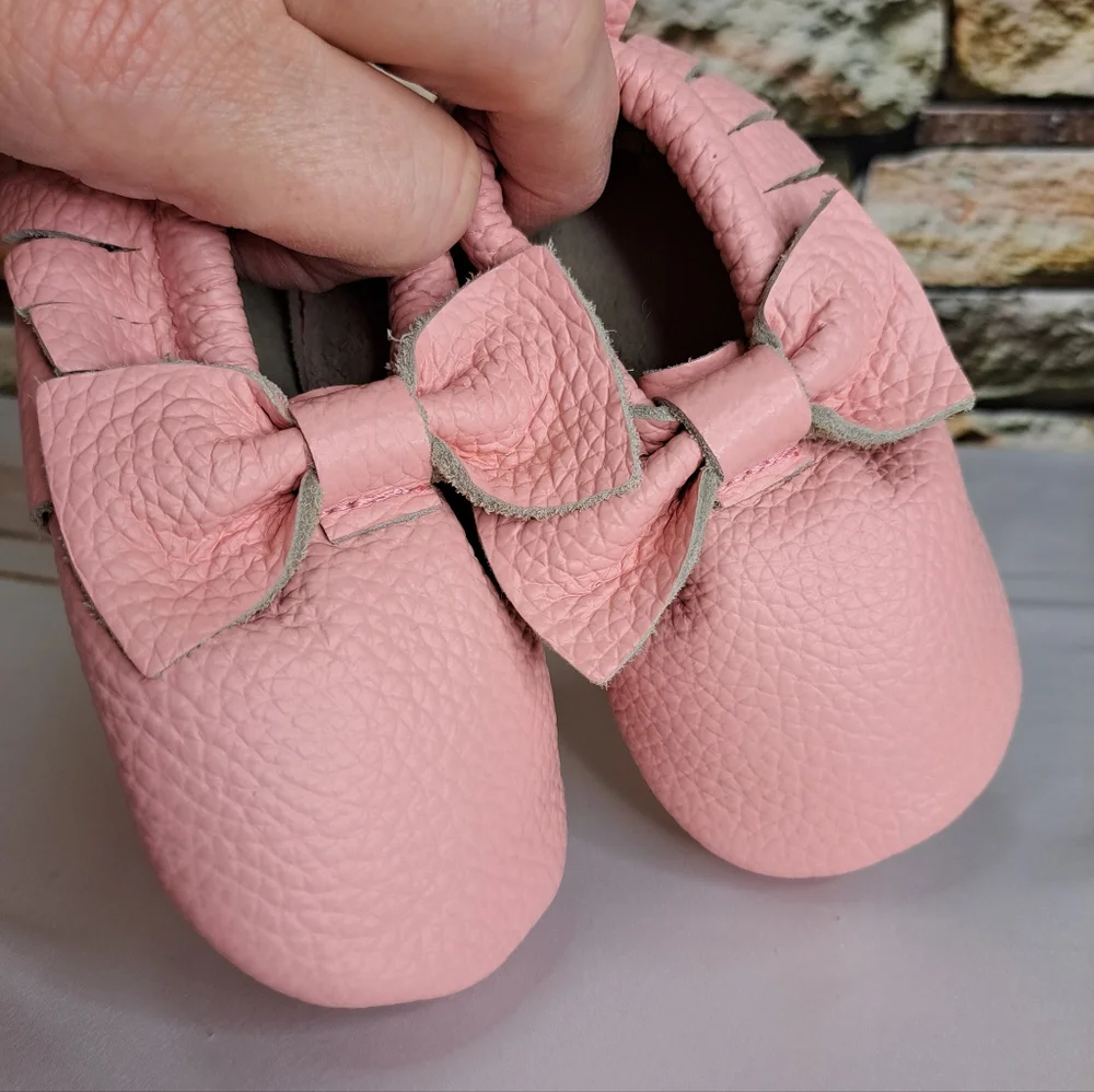 Baby Girl Pink-Pearly Bow Moccasins - Soft Slip-On Infant Shoes New